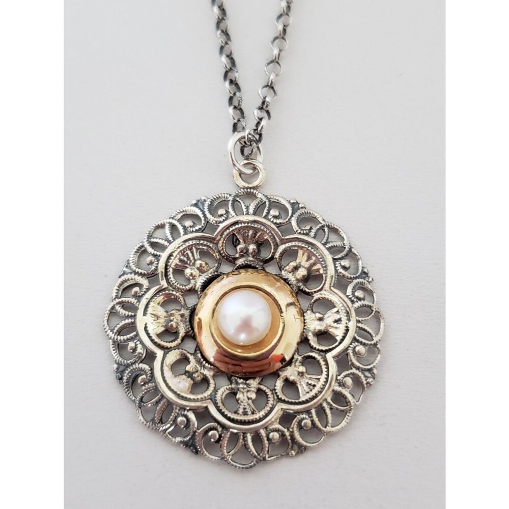 Shablool Sterling Silver 14K Yellow Gold FW Pearl Pendant Necklace